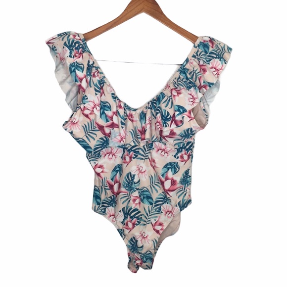 Cabana del Sol Other - Cabana del Sol Pink Floral Ruffle Swimsuit Sz L